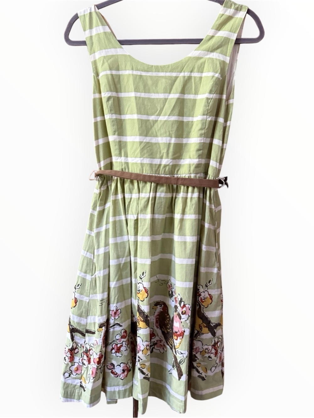 Knitted Dove Green sleeveless tank striped with bird and floral design